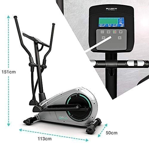 Elliptical machine with display panel, dimensions 151cm height, 113cm length, 50cm width