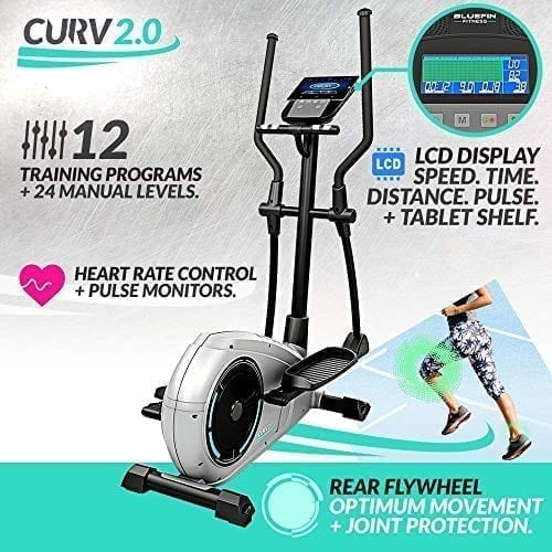 Elliptical machine with LCD display, heart rate monitors, and rear flywheel for smooth movement.