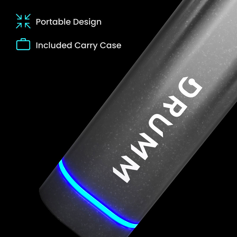 Portable device with a blue light strip and carry case, featuring a sleek gray design.