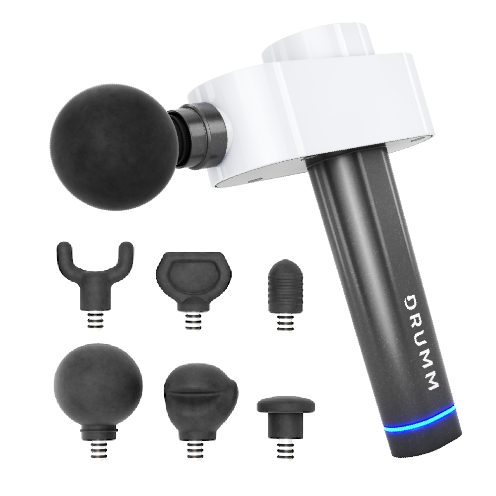 Massage gun with black ball attachment and six interchangeable heads on a white background