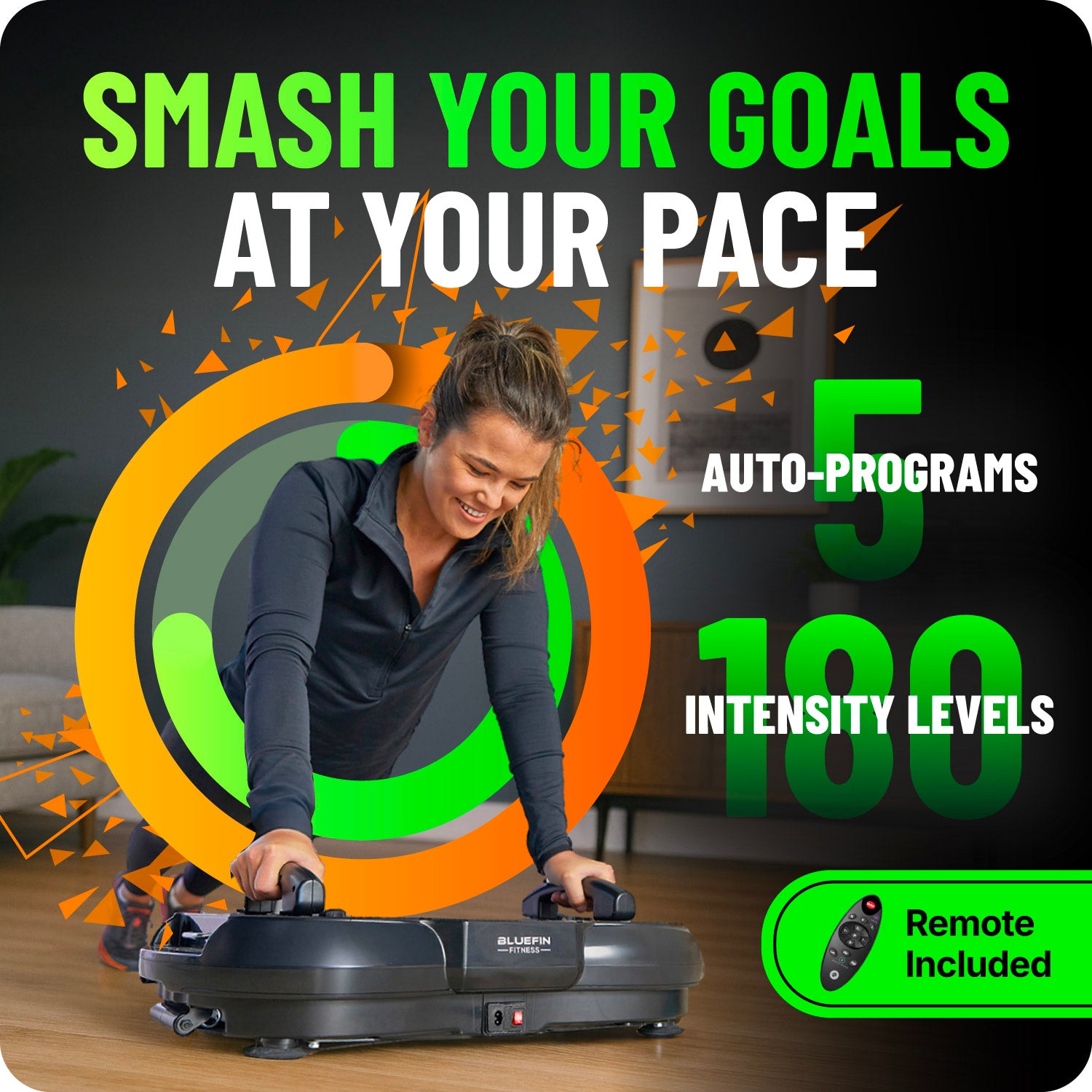 Woman using Bluefin fitness machine with remote, showcasing 5 auto-programs and 180 intensity levels.