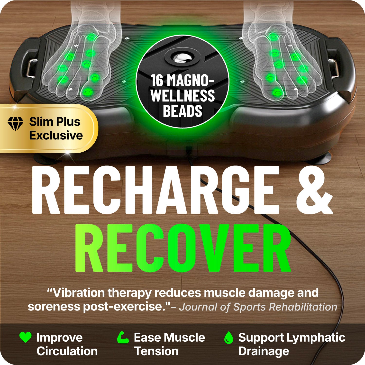 Foot massager with 16 magno-wellness beads, green lights, and a textured surface for muscle recovery.