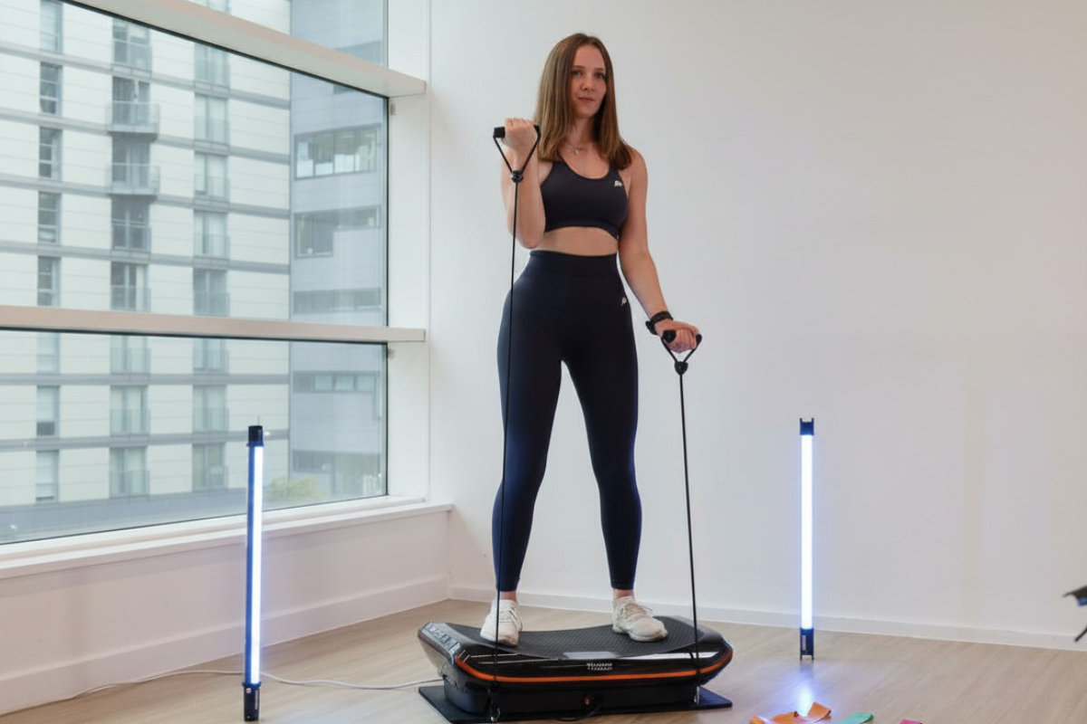 Woman standing on a vibration plate while exercising with resistance bands in a bright studio