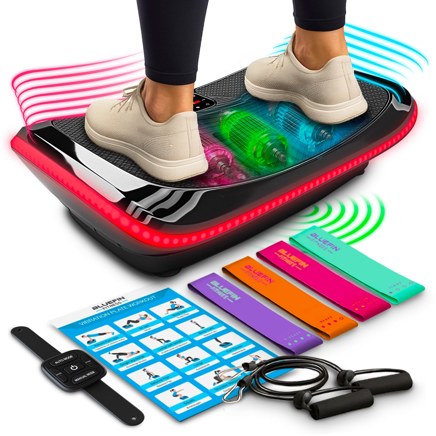 Someone stood on a 4D vibration plate showcasing everything you receive in the package