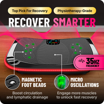 A photo that highlights the key USPs in the 4D Vibration Plate which are the magnetic foot beads and the micro oscillations