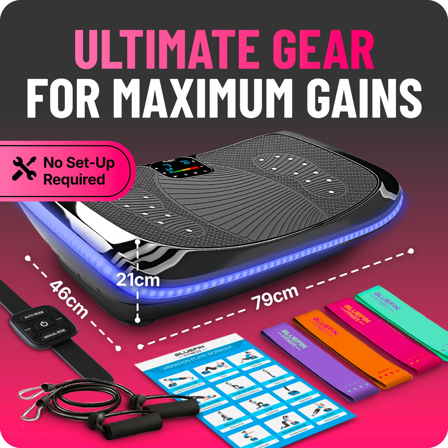 A photo that showcases the dimensions of our 4D Vibration plate alongside the extras you get inside the package