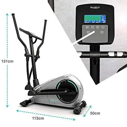 Elliptical machine with display panel, dimensions 151cm height, 113cm length, 50cm width