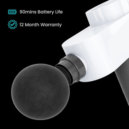 Massage gun with black ball attachment, white body, showing battery life and warranty icons