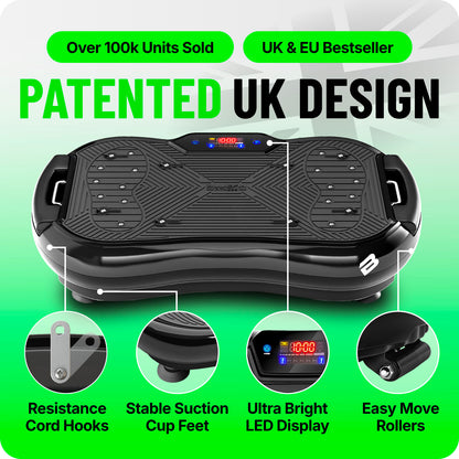 Black vibration plate with textured surface, LED display, suction cup feet, and resistance cord hooks